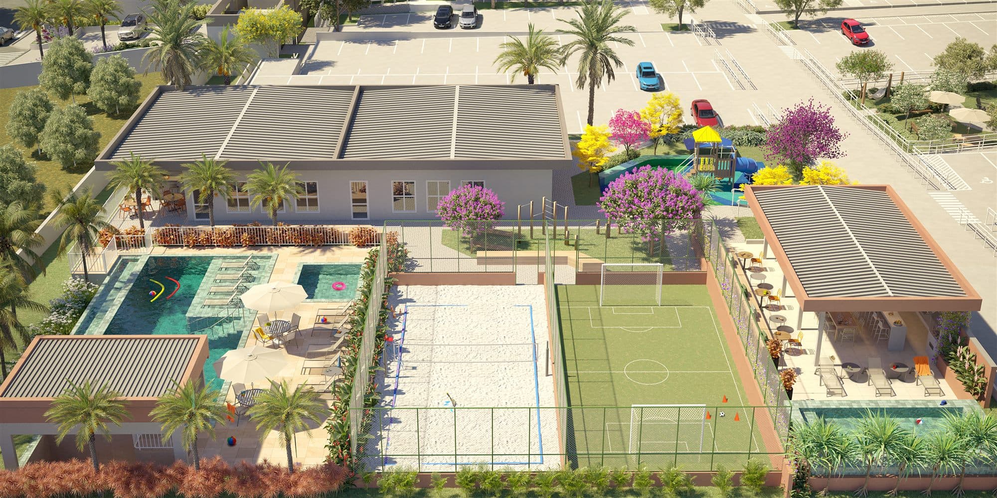 Área de lazer do Parque Atenas com piscinas, beach tennis e campo